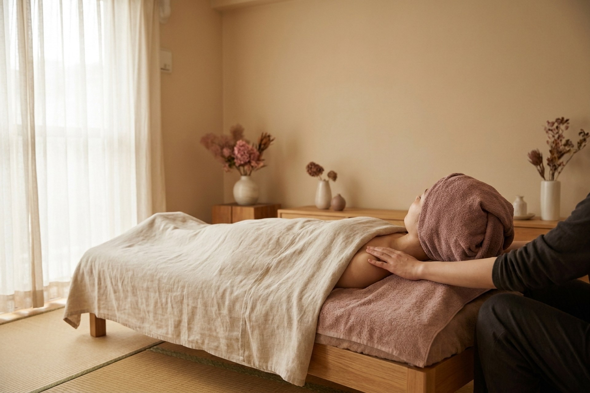 やわらかな光が入る部屋で、ブランケットをかけて横になる女性（イメージ写真）